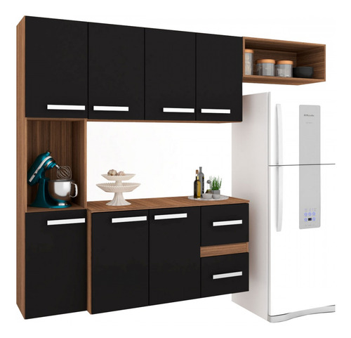Cozinha Compacta 7 Portas 2 Gavetas Suspensa Armário E Cor Preto
