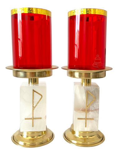Candeleros De Mesa Para Altar Con Vaso Rojo Piedra Cuadrada