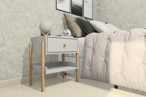 Mesa De Cabeceira Em Mdf Pés em Madeira Natural Com 1 Gaveta E Prateleira Acabamento Fosco Cor Off White
