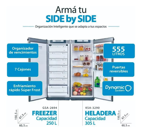 Imagen 2 de 4 de Combo Heladera Y Freezer Kohinoor Ksa3290-7 / Gsa2694-7 555l
