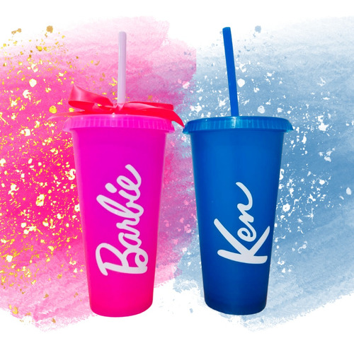 12 Vasos Con Popote Reusable Barbie Ken Neon Dulcero Fiesta