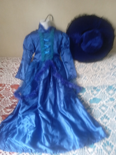 Elegante Disfraz De Dama Antañona Azul Rey Talla 7-10 Años. 