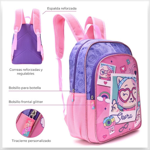 Mochila Skora 16 Pulgadas Escolar Reforzada Para Espalda Lila Y Rosa Gatito Lentes