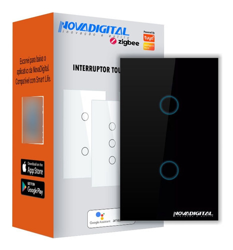 Novadigital Interruptor Zigbee 2 Botões Touch Nova Digital Alexa Preto Corrente nominal 9 A