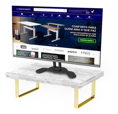 Suporte Ergonômico Monitor Aço Piatina Dourado Mdf 20x30cm Cor Calacata