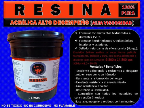 Resina Acrílica De  Alta Viscosidad  (100% Pura) 5 Litros