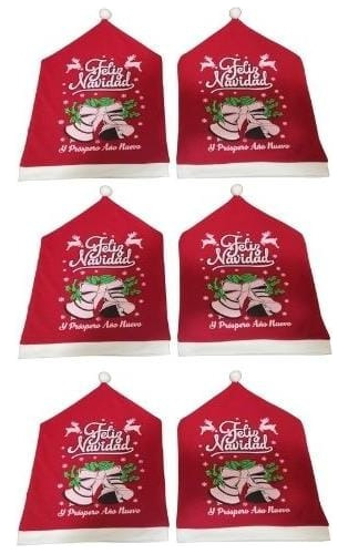 6 Fundas Navideñas De Gorro Santa Para Respaldo De Silla Est Color Rojo Diseño De La Tela Licra Con Bordes