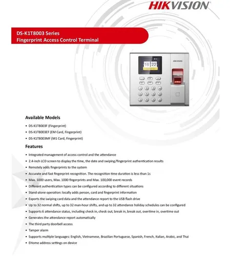 Control De Acceso Y Asistencia Hikvision Lector De Huellas Y