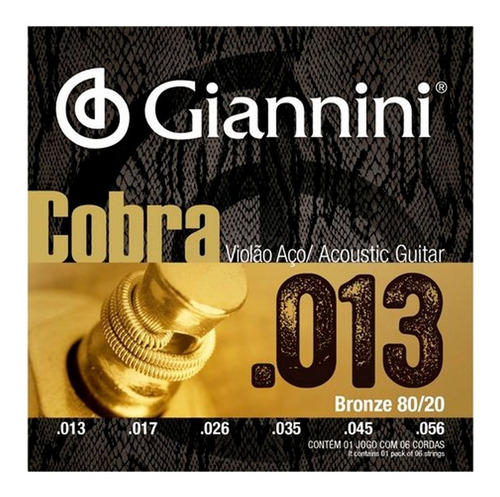 Encordoamento Violão Aço 013 Giannini Cobra 80/20 Ca82m