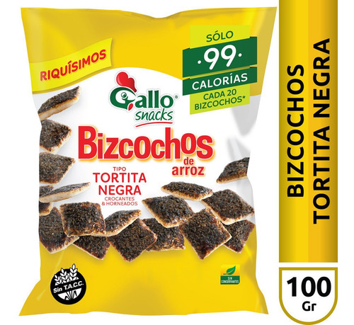 Imagen 1 de 1 de Bizcochos Arroz Tortita Negra Gallo Snacks Dulces Sin Tacc