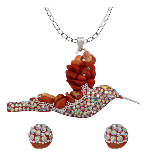 Colibri Dije Aretes Cadena Piedras Conjunto Grande Plata 925 Color Naranja