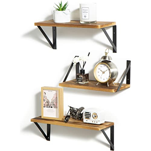 Floating Wall Shelves, Set Of 3 Carbonized Pine Wood Wa...