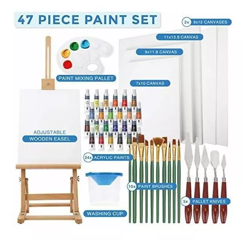 Juego de pintura acrílica, 47 piezas, kit de suministros de pintura  artística profesional con caballete de madera, 24 tubos de pintura  acrílica