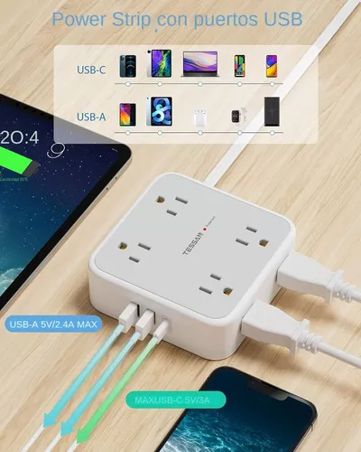 Comprar Regleta de enchufe plano 7 en 1 TESSAN con 4 salidas y 3 USB (1  USB-C), Cable de extensión ultrafino de 5 pies para viajes y oficina