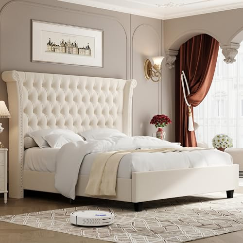 Cama King Con Cabecera Alta Y Plataforma Con Botones Profund