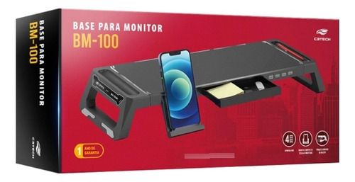 Base Para Monitor Bm-100bk C3tech Preto Com Usb E Gaveta