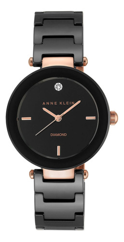 Reloj Anne Klein, Piedras Genuinas, Ceramica, Negro/goldrose