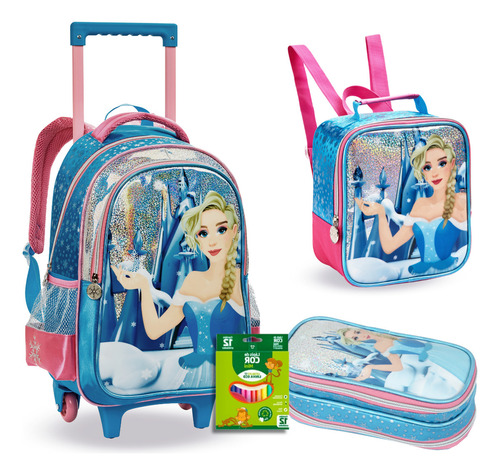 Mochila Escolar Infantil Meninas Princesa Denlex Cor Azul Desenho Do Tecido Lisa
