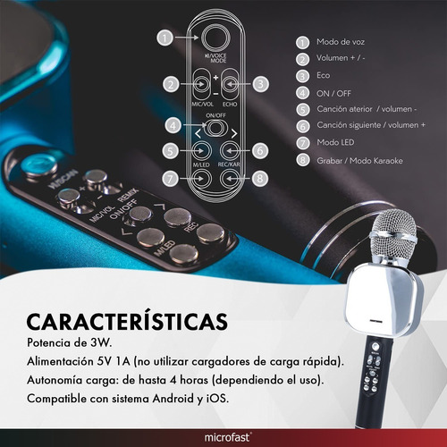 Imagen 7 de 10 de Micrófono Inalámbrico Karaoke Parlante Recargable Bluetooth