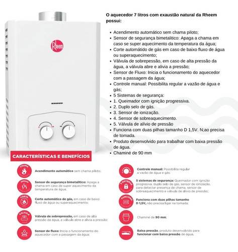 Aquecedor 7 Litros Mecânico Com Sensor De Fluxo Glp Rheem Branco Glp