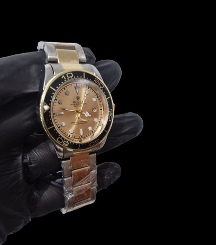 Reloj Rolex Dorado Con Plateado Bisel Giratorio Clon 