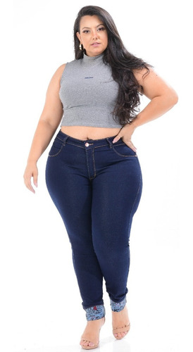 Calça Jeans Feminina Plus Size Cós Alto Com Elastano