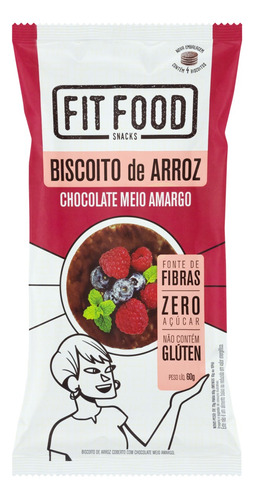 Biscoito de Arroz Integral Cobertura Chocolate Meio Amargo Zero Açúcar Fit Food Pacote 60g