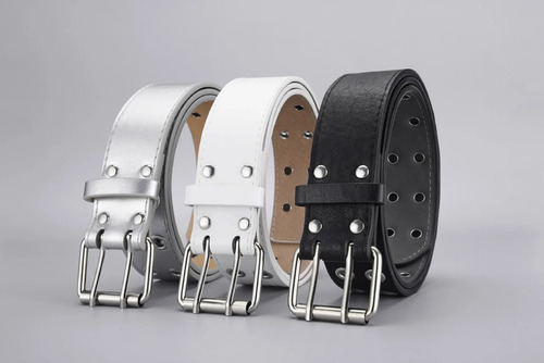 Cinturón Unisex De Piel Con Doble Hebilla Estilo Punk