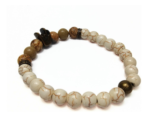 Pulsera De Hombre Piedra Marfil + Jaspe + Dije Rock & Roll