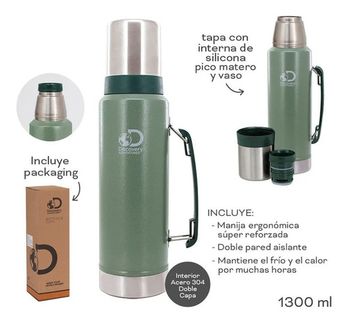 Termo Discovery De Acero Inoxidable 1.3 Litros Mate Camping Color Verde