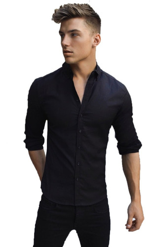 Camisa De Hombre Entallada, Elastizada - Slim Fit - Celeste.