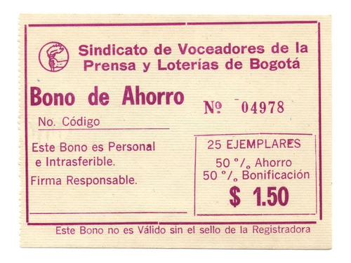 Bono De Ahorro Por $ 1,50 Prensa Loterías De Bogotá Años 70