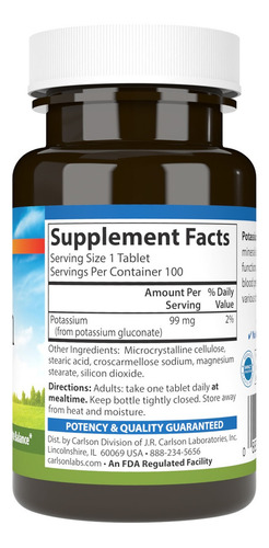 Carlson Labs Potasio 99 Mg, 100 Tabletas Sabor Sin Sabor