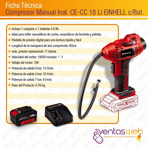 Imagen 9 de 10 de Mini Compresor Inalámbrico Einhell Max 11 Bar/159psi Digital