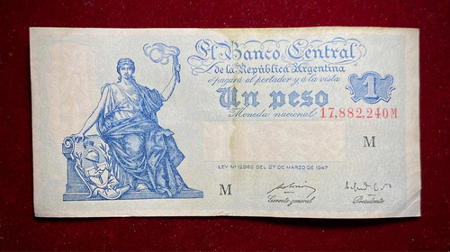 Billete 1 Peso Progreso Argentina 1949 Bottero 1838