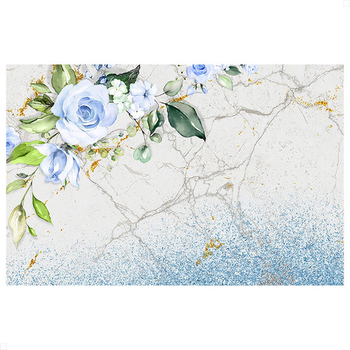 Painel Retangular De Festa 1,5x1,0m Monte Fácil Em Tecido Cor Mármore Floral Azul - ANV-2300