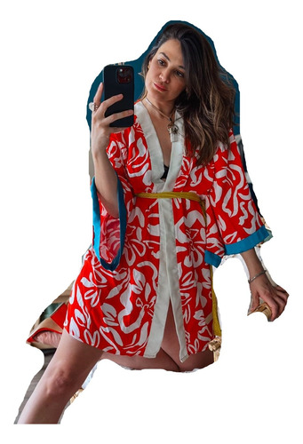 Kimono Bata Corto Con Mangas Japonesas De Fibrana Estampado 