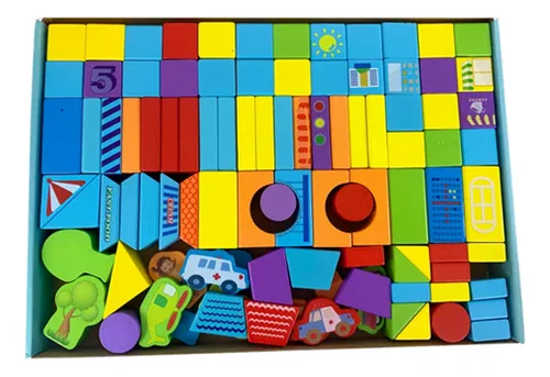 Bloques Madera Colores Construir Ciudad Zoo Infantil 100 Pz