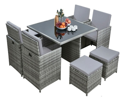 Comedor Para Jardin Juego De 8 Sillas Y Mesa Mimbre Sintetic Estructura Gris