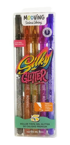 Lapiceras Roller Silky Glitter Mooving Tinta Gel X5 Colores