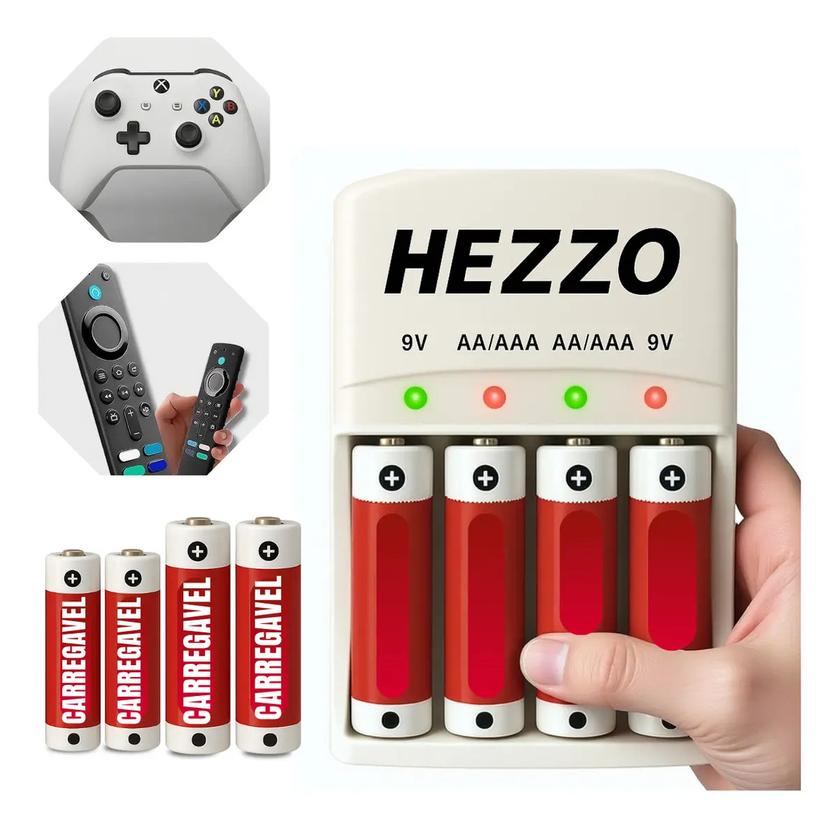 Carregador De pilhas e bateria Bivolt Universal c/ LED Indicador AA AAA 9V + Pilhas Recarregaveis HEZZO