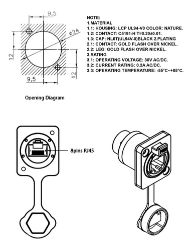Conector Rj45 Hembra Ip65 Impermeable Para Panel Model A1018