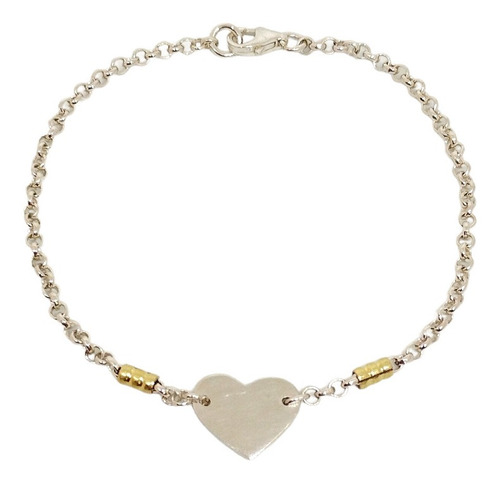 Pulsera Plata 925 Y Oro Con Dije Diseño Mini Corazón 