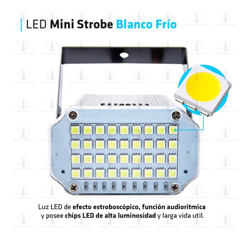 Imagen 2 de 10 de Flash Led Audioritmico 10w Blanco Efecto Strobe Luces Dj Boliche