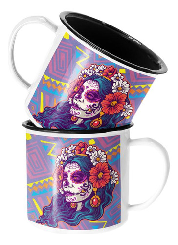 Taza Enlozada Catrina Mujer Floreada Esqueleto 