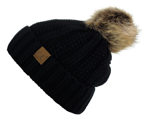 Gorro Grueso De Punto Trenzado Con Pompón De Piel