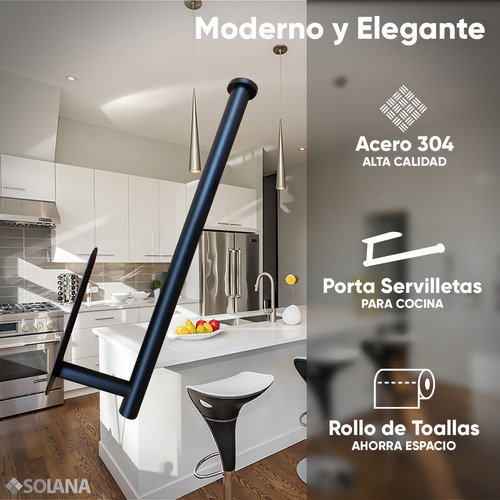 Solana Soporte De Toallas De Cocina De Acero Inoxidable Modelo Okra / Porta Servitoallas De Pared Color Negro Diseño Ahorra Espacio