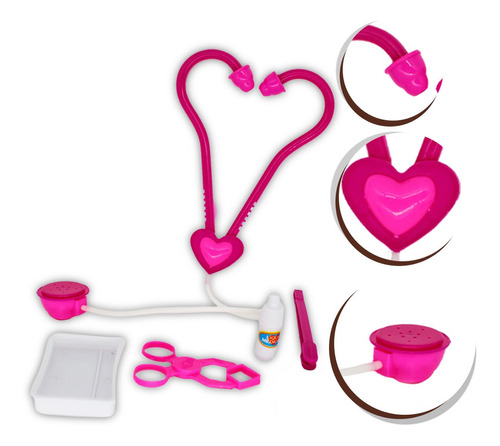 Imagem 1 de 7 de Kit Medico Brinquedo Pink 6pçs Estetoscópio Pinça Alicate 