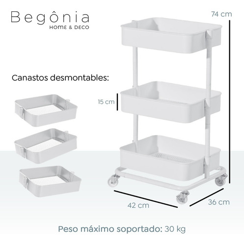 Imagen 8 de 10 de Carro Organizador Begônia De Acero Con 3 Estantes Y Ruedas
