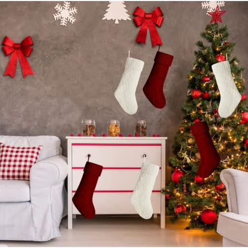 Paquete De 6 Medias De Navidad De Punto Burdeos E Marfi...
